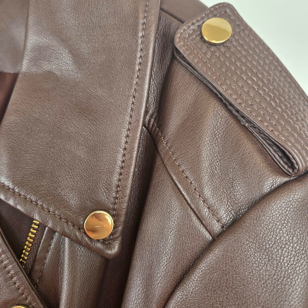 Chicos Brown Faux Leather Moto Jacket Size 3 US 16/18 Gold Hardware Asymmetrical - Picture 4 of 16